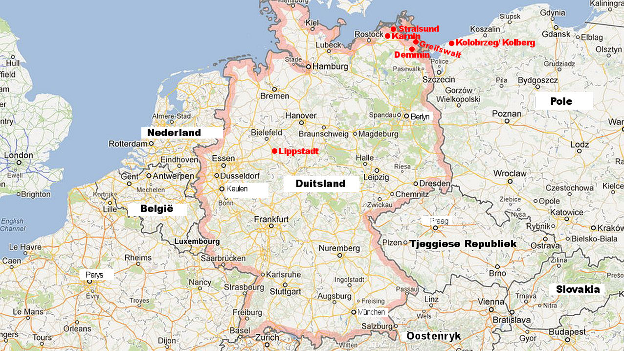 Kaart van Duitsland. Die naam Henning het ongeveer in die jaar 1290 te STRALSUND in die Noorde van Duitsland ontstaan. 